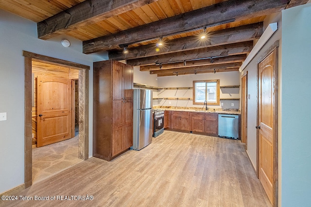 kitchen featuring beam ceiling, light hardwood / wood-style flooring, stainless steel appliances, and wood ceiling