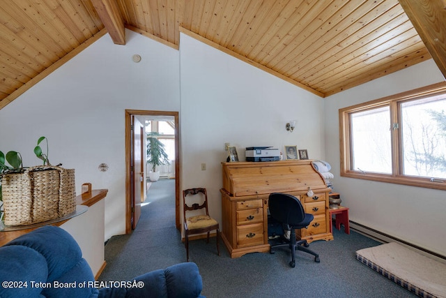 office area featuring plenty of natural light, beamed ceiling, dark carpet, and wooden ceiling