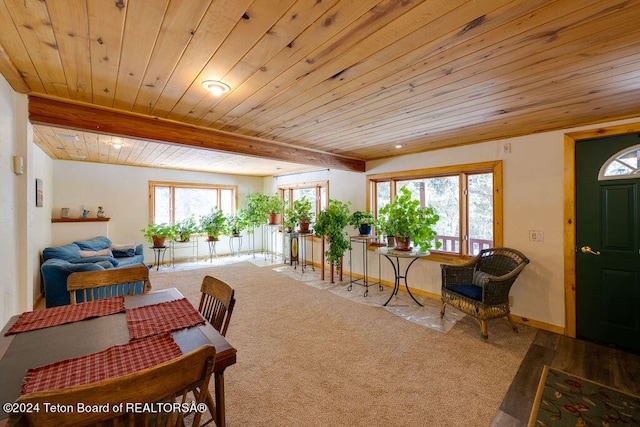 interior space featuring wooden ceiling and beamed ceiling