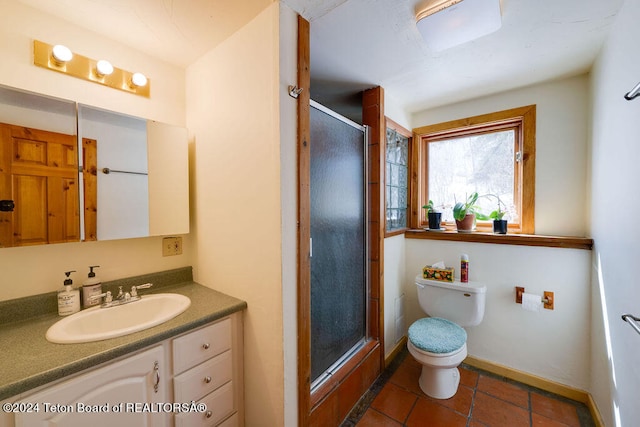 bathroom featuring walk in shower, tile flooring, vanity, and toilet