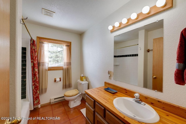 full bathroom with tile flooring, shower / tub combo, baseboard heating, vanity, and toilet