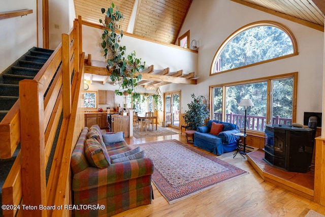 living room with plenty of natural light, a wood stove, light wood-type flooring, and wood ceiling