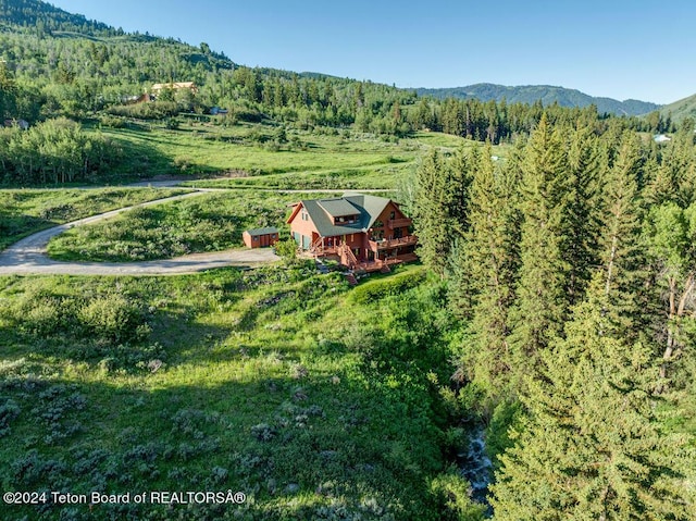 bird's eye view with a wooded view and a mountain view