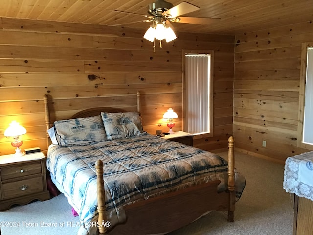 bedroom with ceiling fan, wood walls, and wood ceiling