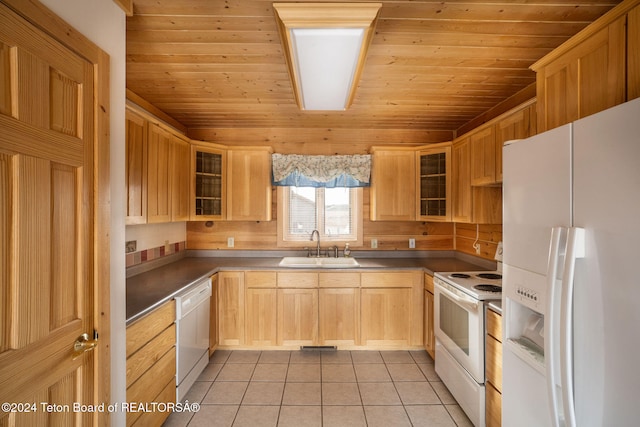 kitchen featuring sink, light tile patterned floors, wooden ceiling, and white appliances