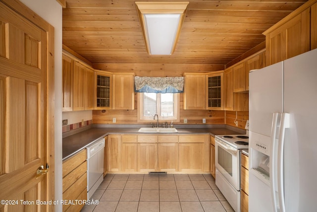 6 Black Bear Rd, Pinedale, WY 82941 - kitchen with white appliances, light tile patterned floors, light brown cabinets, wooden ceiling, and glass insert cabinets