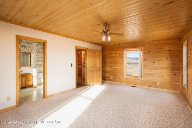 6 Black Bear Rd, Pinedale, WY 82941 - unfurnished bedroom featuring wood walls, light colored carpet, wood ceiling, connected bathroom, and a spacious closet