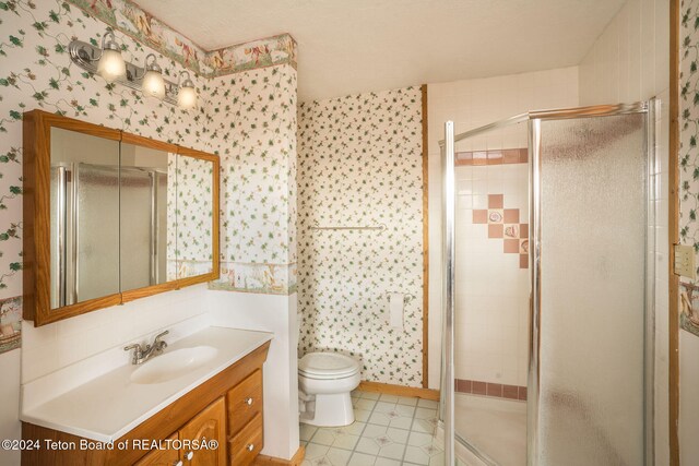 bathroom featuring a shower with door, vanity, and toilet