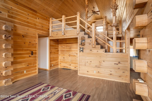 staircase featuring hardwood / wood-style flooring, ceiling fan, wooden ceiling, and wooden walls