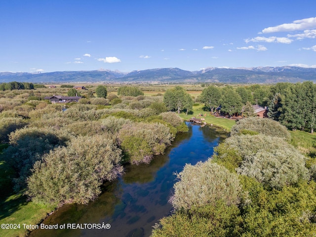 birds eye view of property featuring a water and mountain view