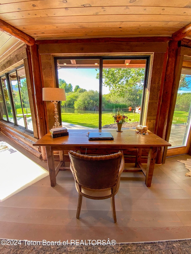 dining space with hardwood / wood-style floors, wooden ceiling, and plenty of natural light