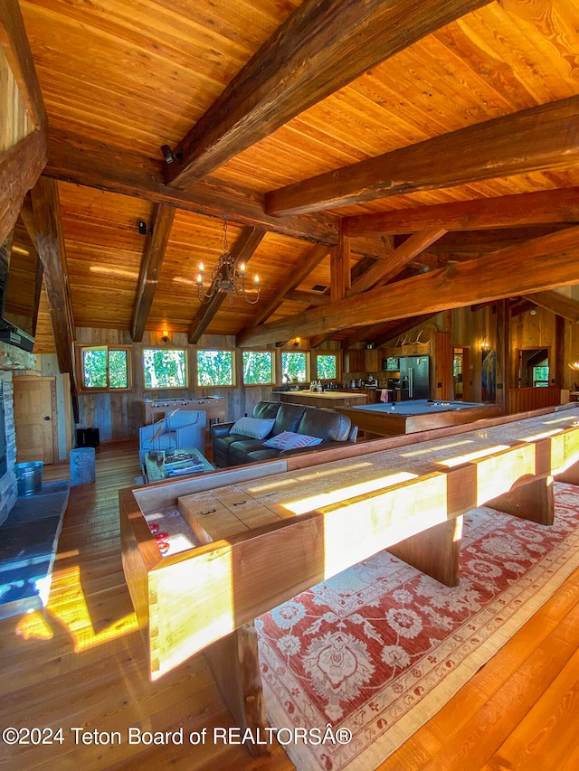 interior space with wooden ceiling, dark hardwood / wood-style floors, wood walls, and lofted ceiling with beams