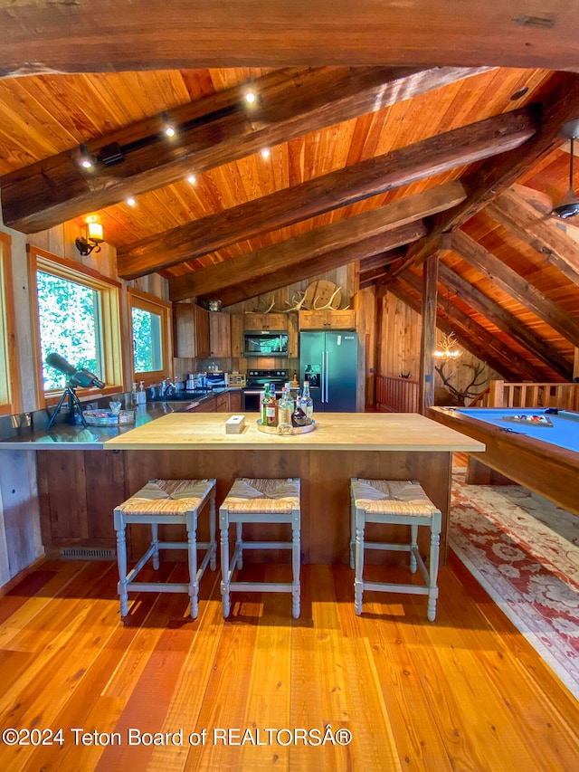 kitchen with wooden ceiling, light hardwood / wood-style flooring, kitchen peninsula, and stainless steel appliances