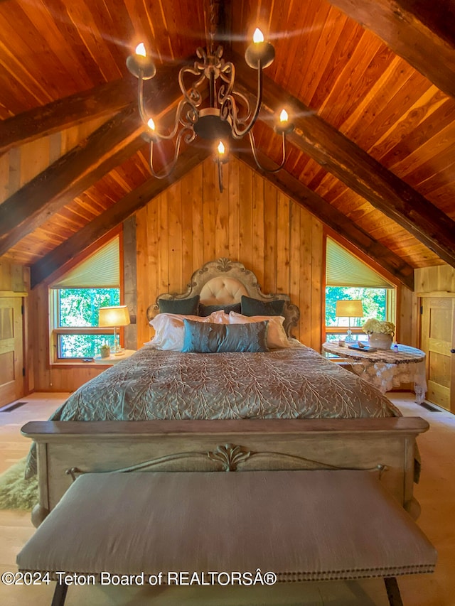 unfurnished bedroom featuring lofted ceiling with beams, wood walls, and wood ceiling