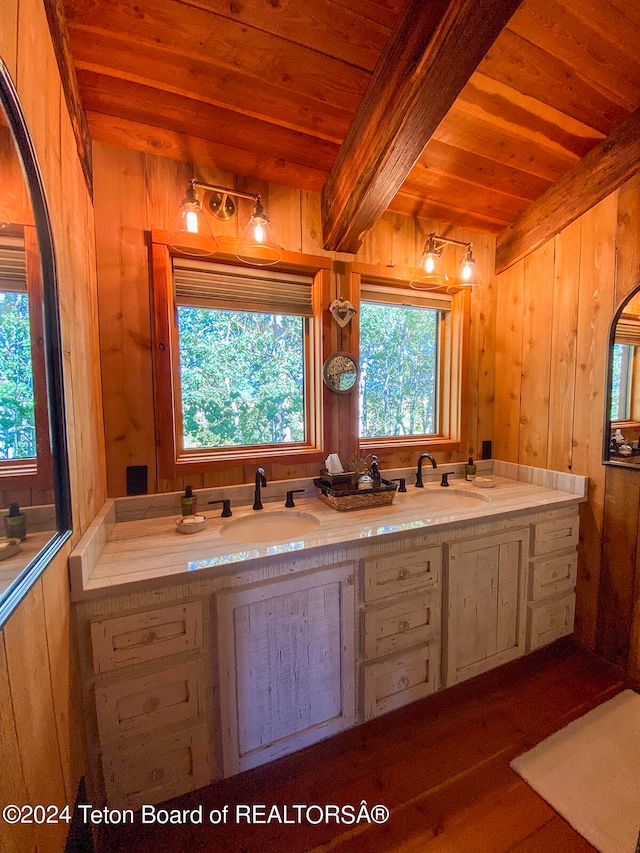 bathroom with wooden walls, wood ceiling, beamed ceiling, and double sink vanity