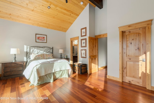 bedroom with high vaulted ceiling, beamed ceiling, wooden ceiling, and hardwood / wood-style floors