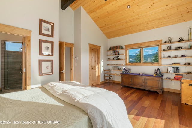 bedroom with high vaulted ceiling, wood ceiling, multiple windows, and dark hardwood / wood-style flooring