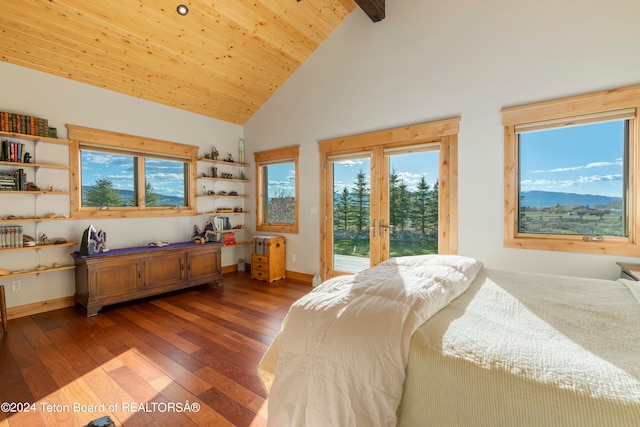 bedroom featuring wood-type flooring, access to exterior, beam ceiling, high vaulted ceiling, and wooden ceiling