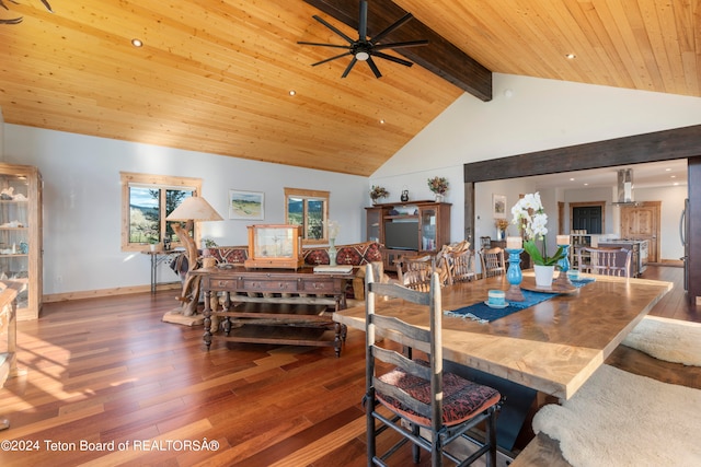 dining room featuring dark hardwood / wood-style floors, ceiling fan, beamed ceiling, and high vaulted ceiling