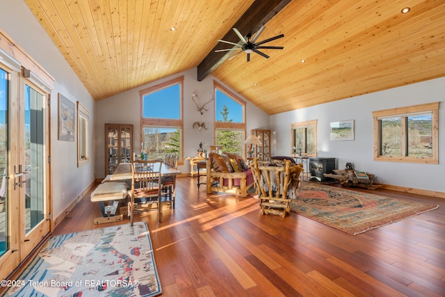 living room with high vaulted ceiling, wood-type flooring, beam ceiling, and ceiling fan