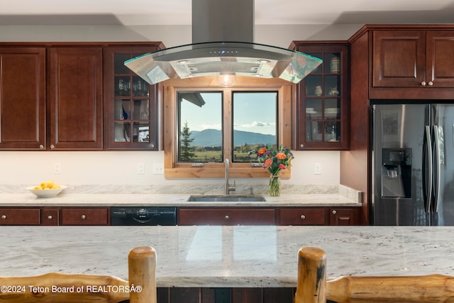 kitchen featuring light stone countertops, dishwasher, island exhaust hood, sink, and stainless steel fridge with ice dispenser