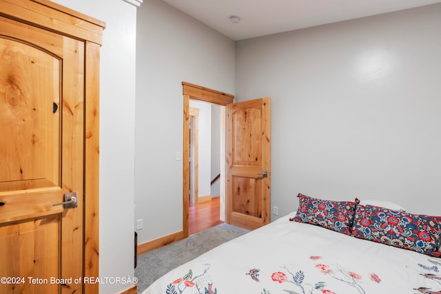 bedroom with light colored carpet