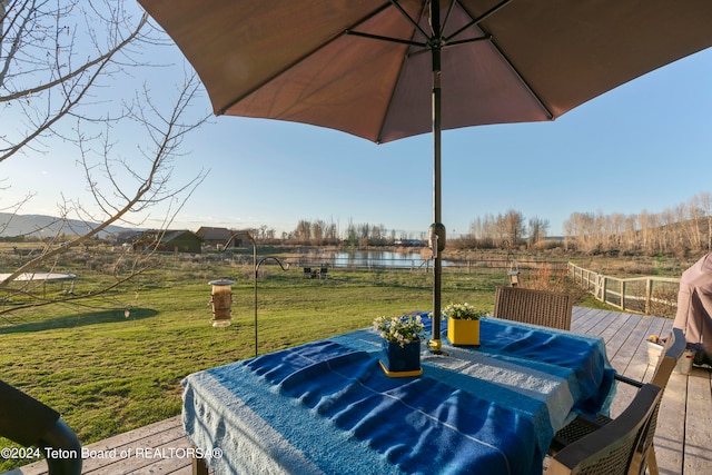 deck featuring a yard and a water view