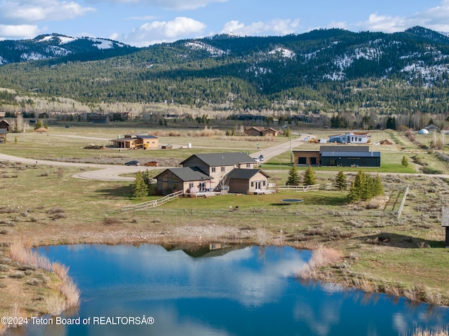 bird's eye view with a water and mountain view and a rural view