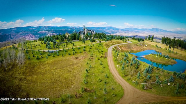 birds eye view of property with a water and mountain view