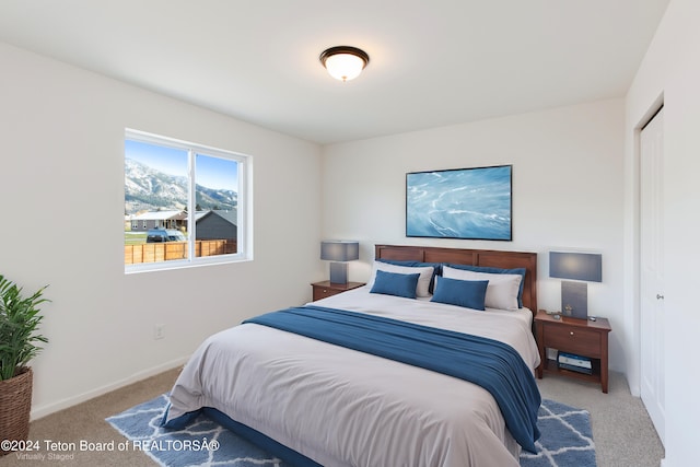 bedroom featuring light carpet and a closet