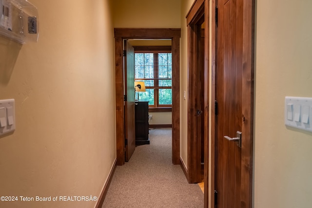 hallway featuring light carpet