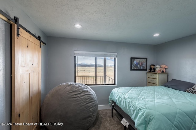 bedroom with a barn door, carpet floors, and a textured ceiling