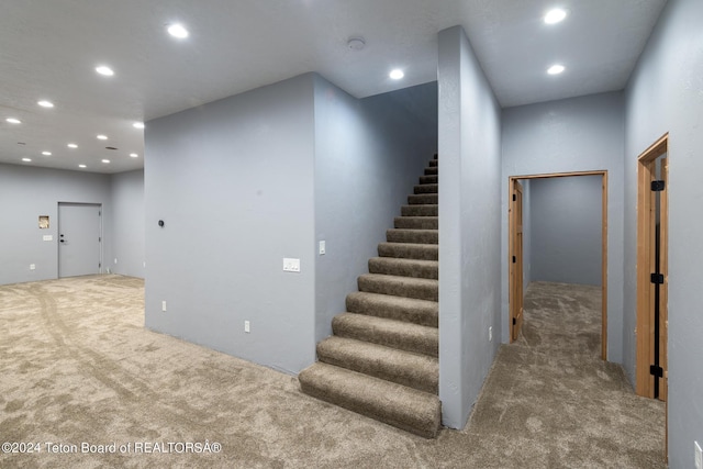 stairway featuring carpet flooring