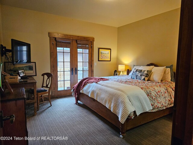 bedroom with carpet floors, access to exterior, and french doors