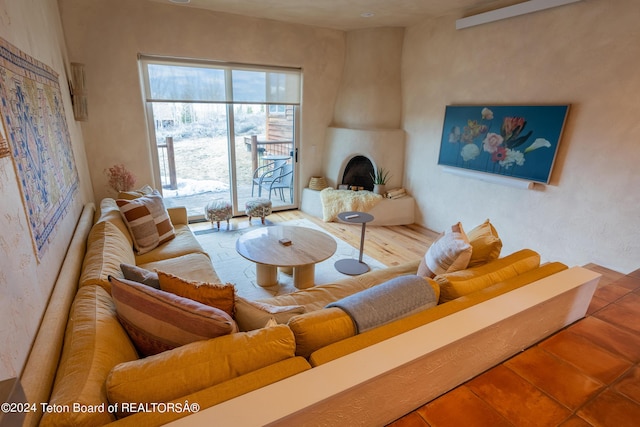 living room featuring a fireplace