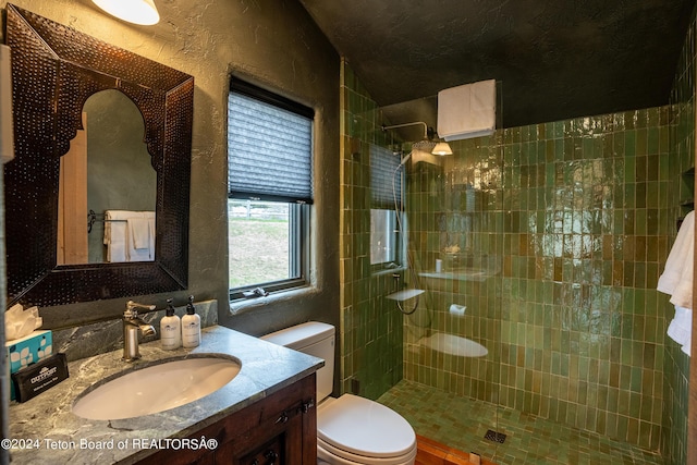 bathroom featuring toilet, tiled shower, and vanity