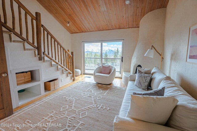 living room featuring wood ceiling, built in features, and wood-type flooring