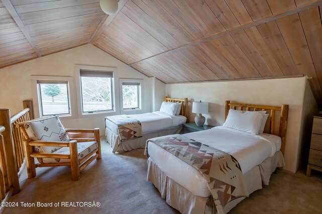 bedroom with light colored carpet, vaulted ceiling, and wooden ceiling