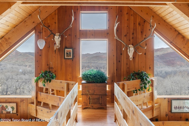 581 E Fork Rd, Dubois, WY 82513 - corridor with a mountain view, wooden walls, wood finished floors, plenty of natural light, and wooden ceiling