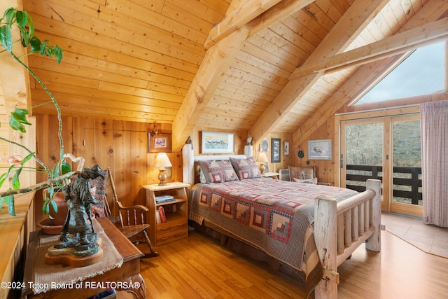 581 E Fork Rd, Dubois, WY 82513 - bedroom featuring access to exterior, wooden ceiling, wood walls, french doors, and wood finished floors