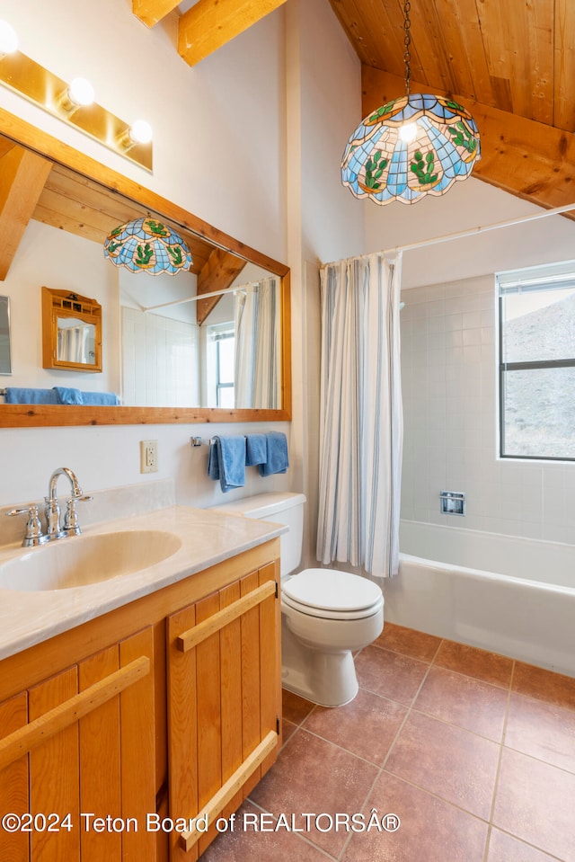 581 E Fork Rd, Dubois, WY 82513 - bathroom featuring plenty of natural light, wood ceiling, vanity, tile patterned floors, and vaulted ceiling
