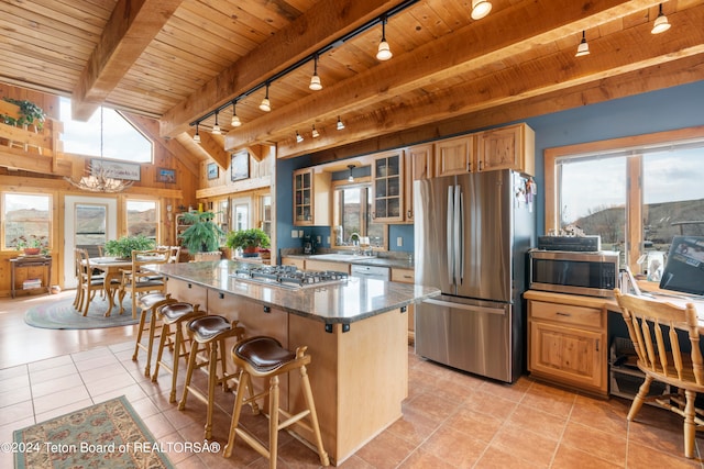 581 E Fork Rd, Dubois, WY 82513 - kitchen with appliances with stainless steel finishes, rail lighting, a wood ceiling with exposed beams, a chandelier, and a kitchen island
