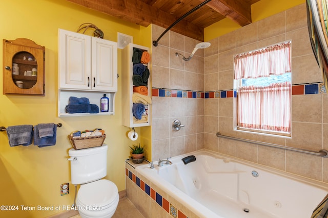 581 E Fork Rd, Dubois, WY 82513 - full bath with a wooden ceiling with exposed beams, a combined bath / shower with jetted tub, and tile patterned floors
