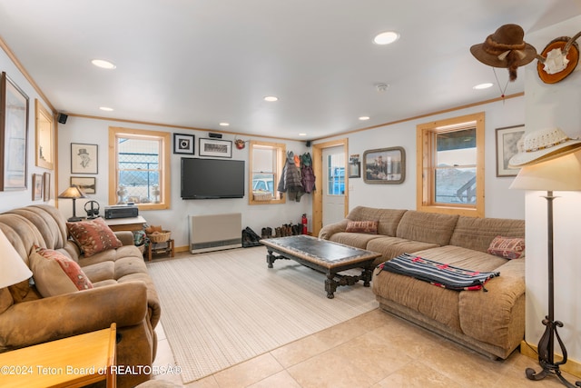 581 E Fork Rd, Dubois, WY 82513 - living room featuring ornamental molding, recessed lighting, and light tile patterned floors