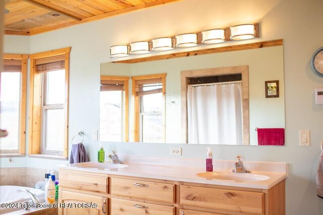 bathroom featuring plenty of natural light, dual bowl vanity, and wood ceiling