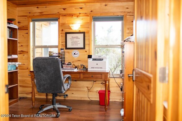 home office featuring wood walls and hardwood / wood-style floors