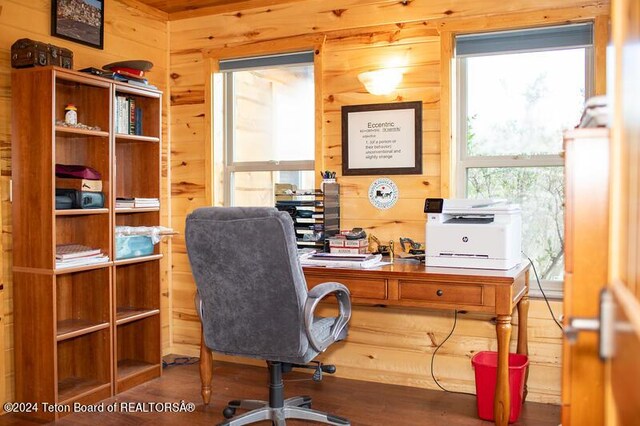 office featuring hardwood / wood-style floors and wood walls