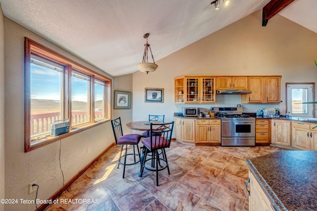 kitchen with stainless steel appliances, lofted ceiling with beams, a wealth of natural light, and light tile floors