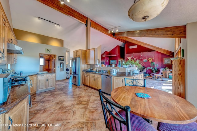 dining area with high vaulted ceiling, beamed ceiling, rail lighting, and light tile floors