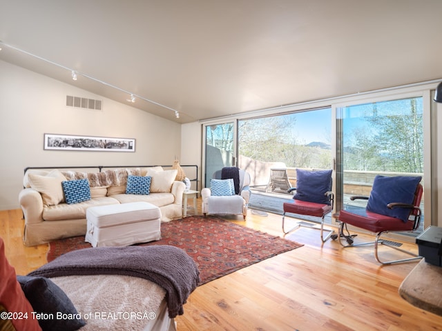 living room featuring plenty of natural light, hardwood / wood-style floors, lofted ceiling, and rail lighting